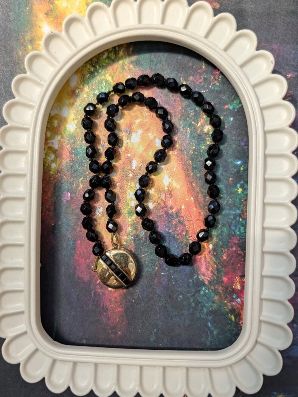 Monet signed vintage jet black glass bead necklace rhinestone set magnetic clasp